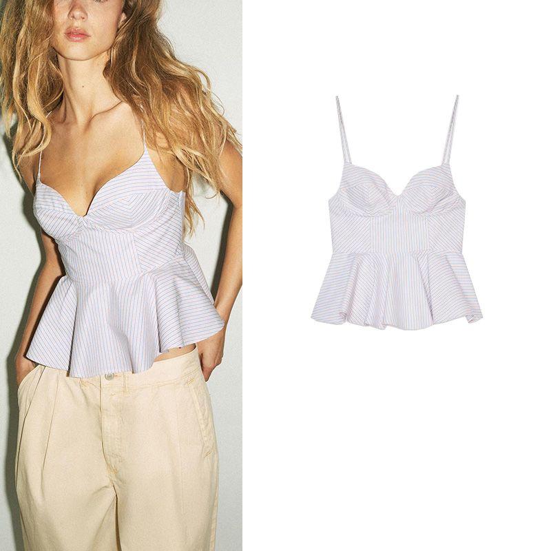 Summer New Product Women's Clothes French Simplicity Style Heart-Shaped Collar Fluffy Stripes Poplin Sling Tops 2924182