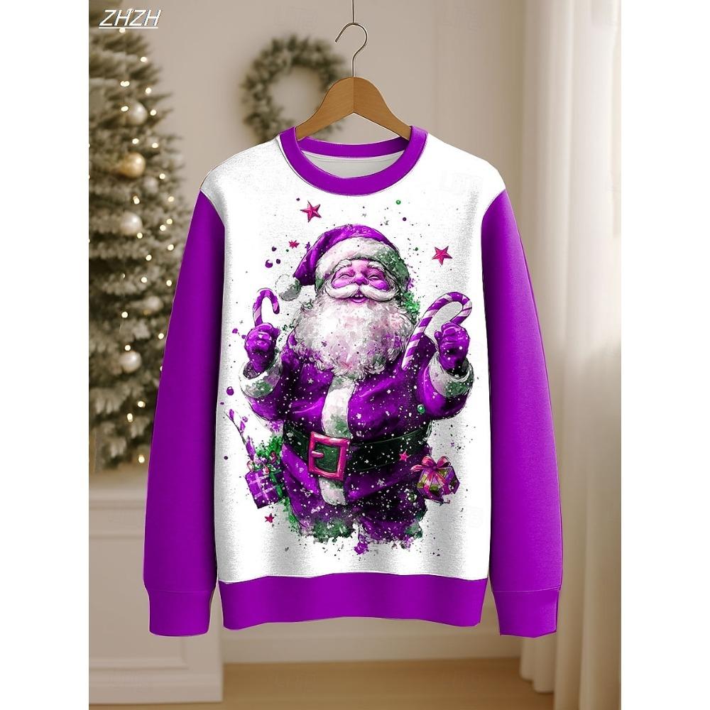Women's Christmas Santa Print Sweatshirt, Festive Pullover Crewneck, Long Sleeve Holiday Top, Spring Fall Casual Wear