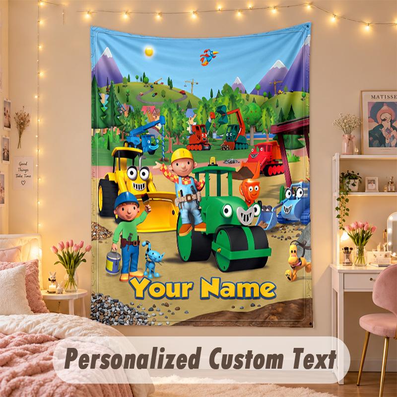 Custom Personalized Tapestry,Bob the Builder Print Custom Name Text Wall Art Hanging for Bedroom