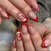 2026 Christmas Red Stripe French Glossy Medium Almond Press On Nails 24pcs with Glitter Snowflake Design