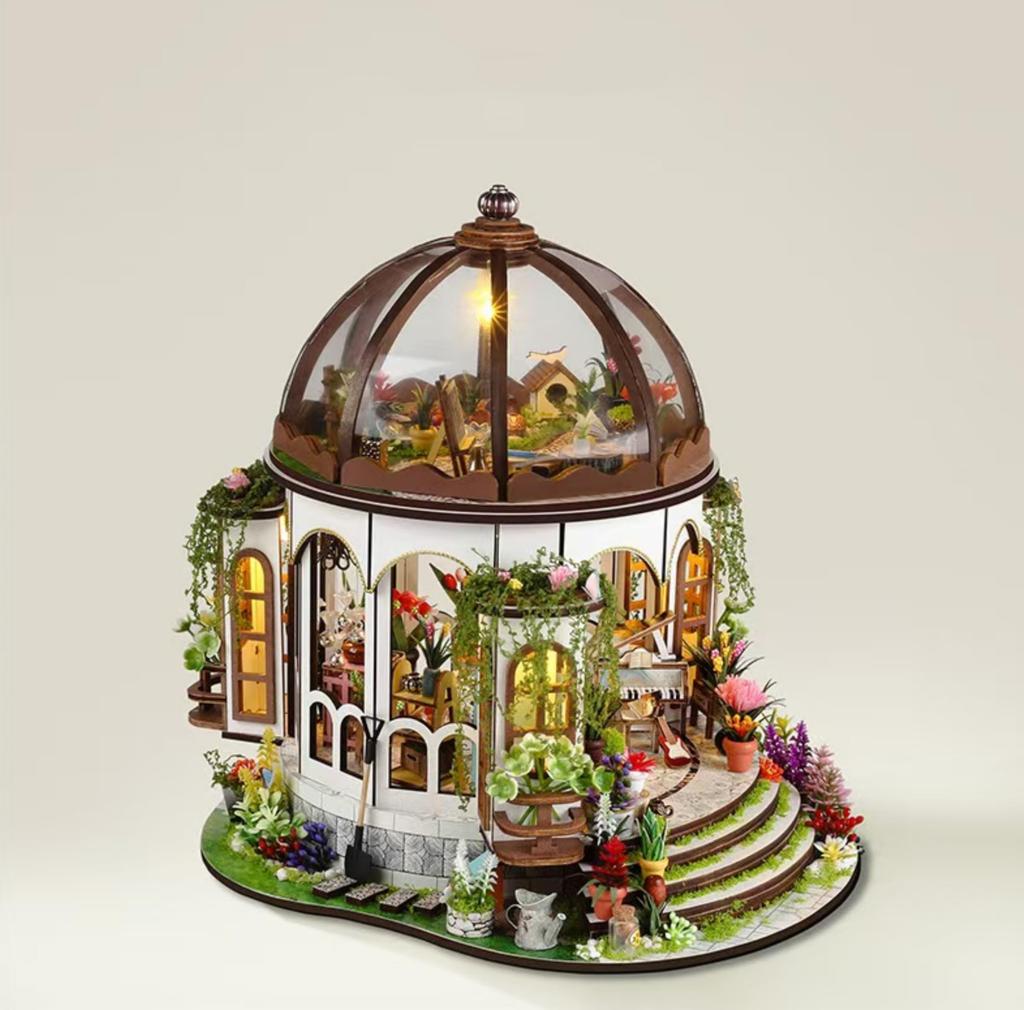 YIIEL Miniature Dollhouse Kit, Handmade Kit with Beginner's Instructions (Sunshine Glass Flower House)