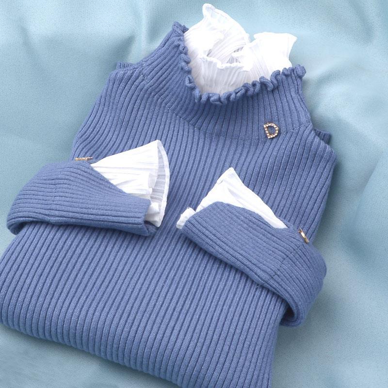 Ruffles Turtleneck Bottoming Sweater Women Spring Autumn Slimming Fake Two-piece Pullover Sweater Lace Ruffles Knit Sweater Top