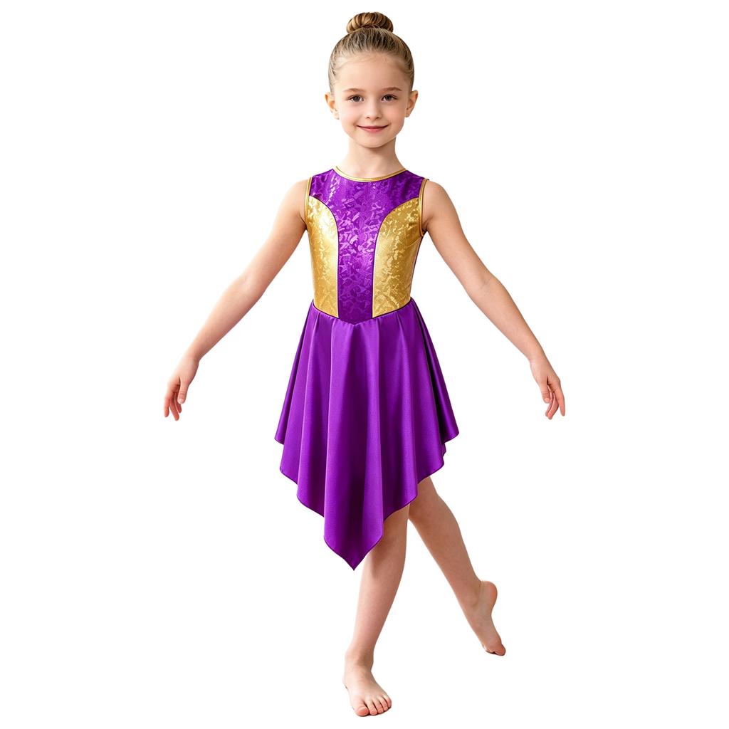 Girls Liturgical Dance Dress Sleeveless Metallic Bodice Color Block with Back Zipper and Asymmetrical Satin Hem for Praise Worship Service