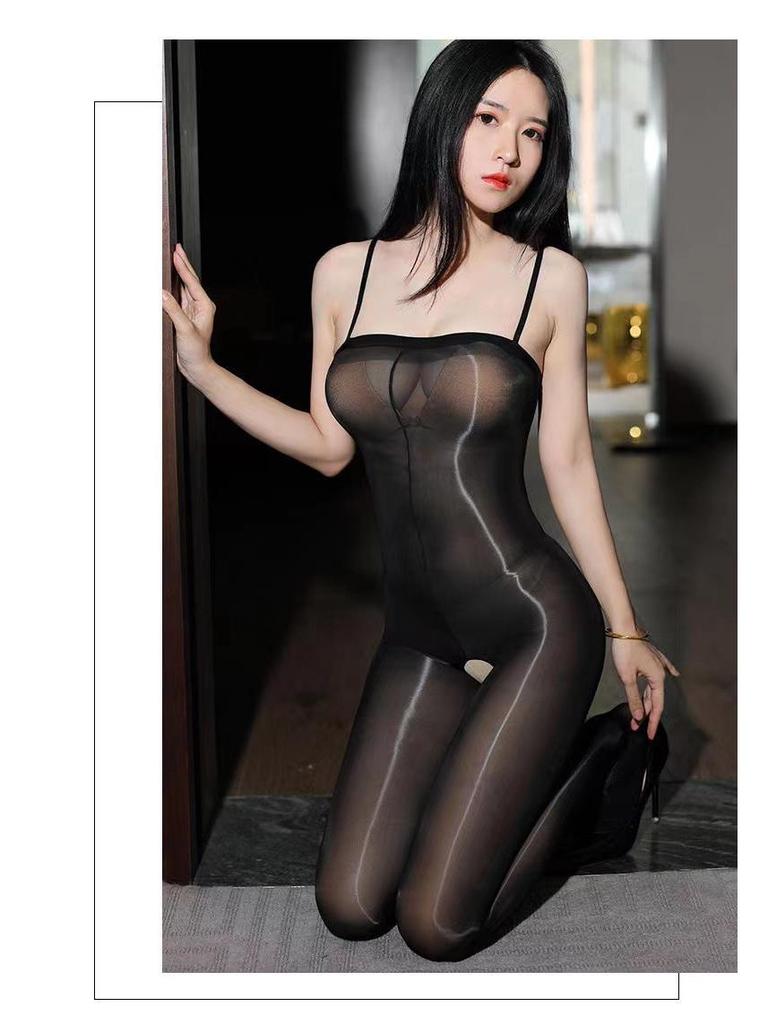 Silky High-Density Shiny Tube Top Bodysuit with Adjustable Straps and Stockings