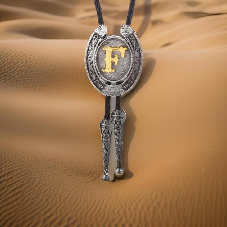 Men Faux Leather Rope Adjustable Bolo Tie Western Metal Initial Letter Pendant Shirt Collar Necktie Jewelry Necklace