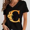 Women’s V-neck Graphic Shirts Orange A-Z Alphabet Sunflowers Short Sleeves  Harajuku Fashion Girl Casual Y2k Trend Tshirts Top