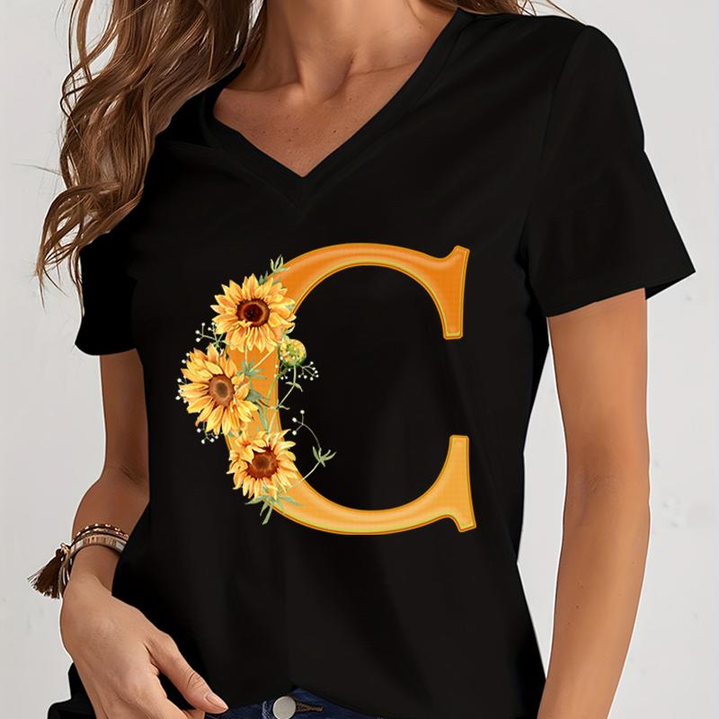 Women’s V-neck Graphic Shirts Orange A-Z Alphabet Sunflowers Short Sleeves Harajuku Fashion Girl Casual Y2k Trend Tshirts Top