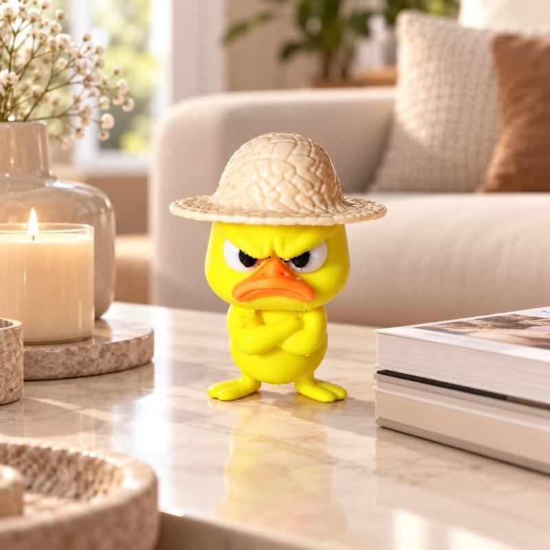 3D Printed Duck Figurine Set of 4 with Angry Face and Crossed Arm, Textured Hat Decorations for Office Desks, Display Shelves, and Entryways