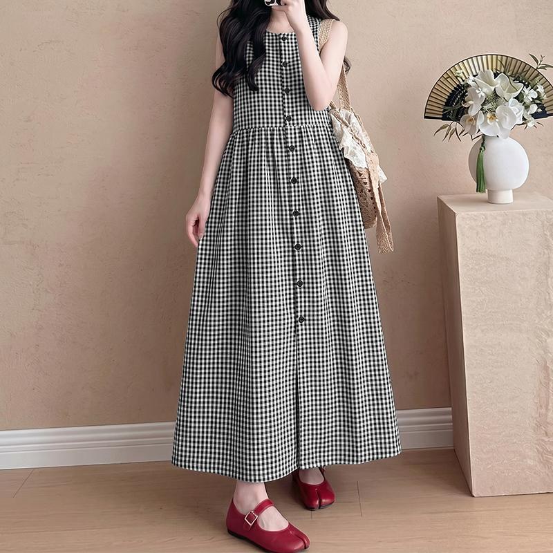 ZANZEA Women Casual Round Neck Sleeveless Plaid Print Long Dress