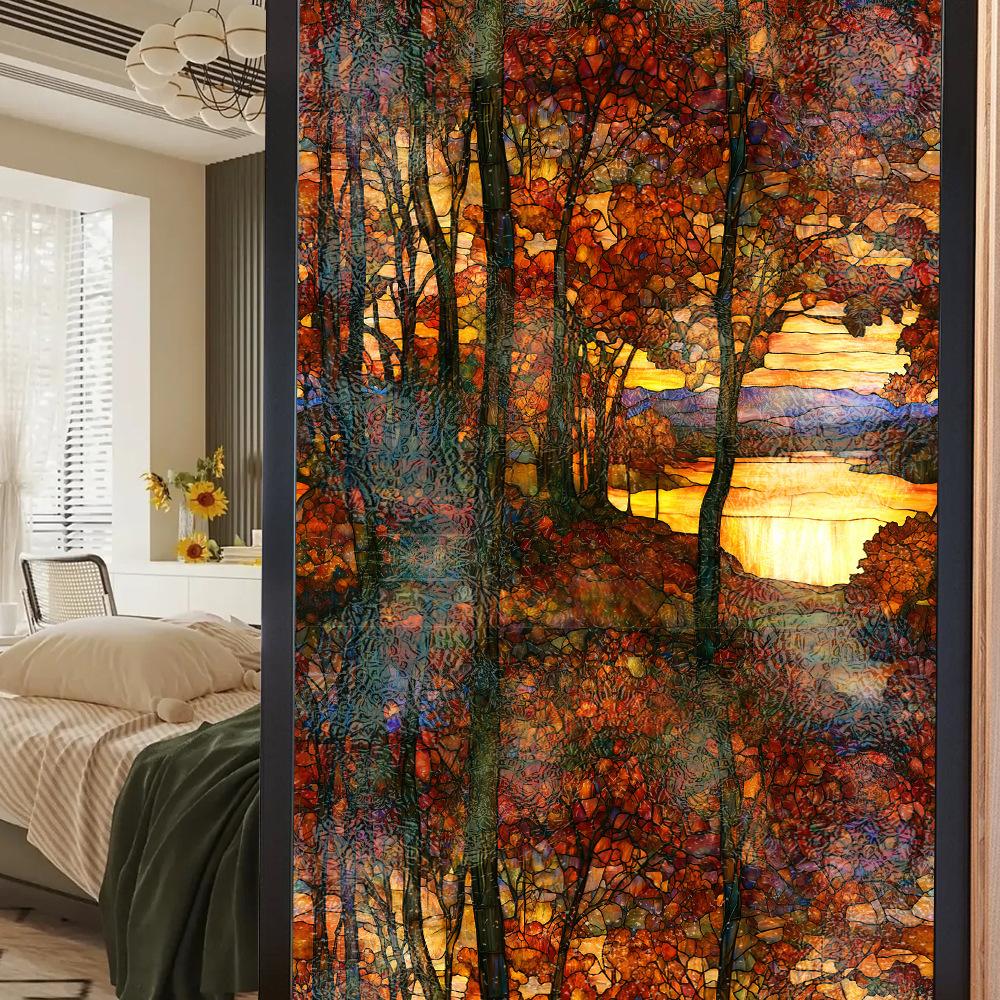 Double-sided Colored Window Privacy Film, Stained Glass Decorative Static Cling, Removable Laser Sun Blocking Vinyl Covering