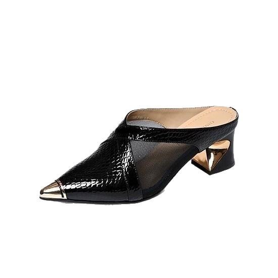 Spring and summer new anti-collision metal pointed middle heel half slippers women wear thick heels horseshoes and commuter bag head sandals