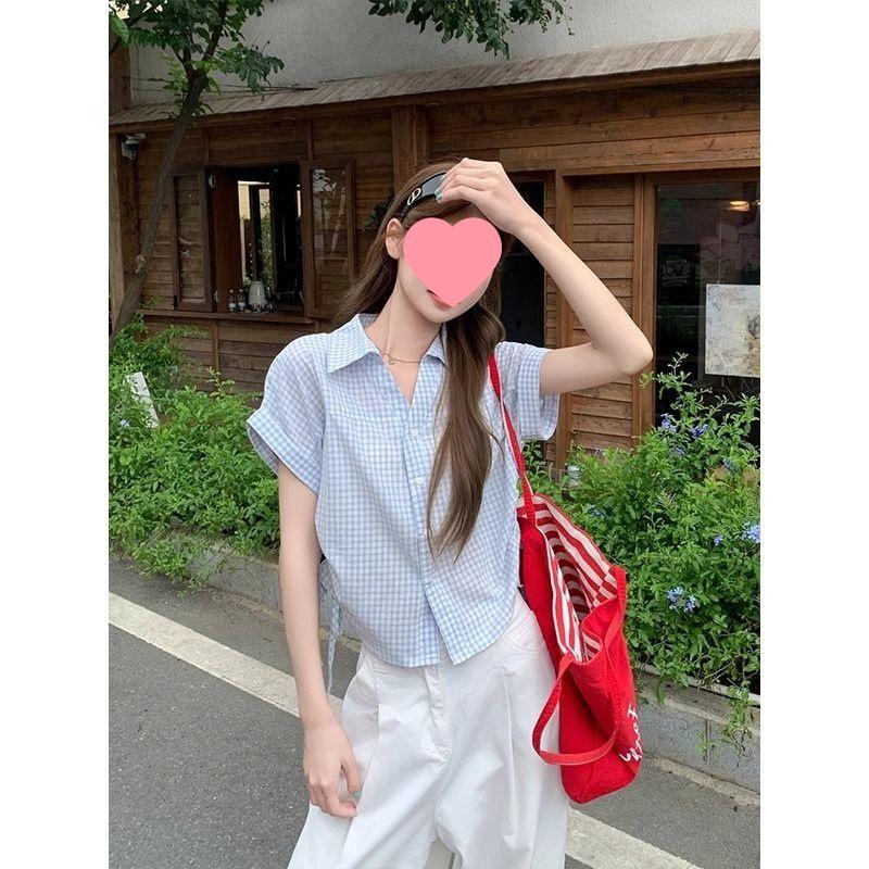 Kleine Damen Sommer Karo Kurzarm Locker Cropped Top - Stilvoll, Vielseitig, Altersmilderndes Design