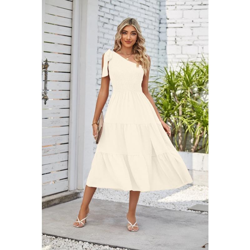 Summer Women's Dress One Shoulder Drawstring Layered Hem Split Dresses
