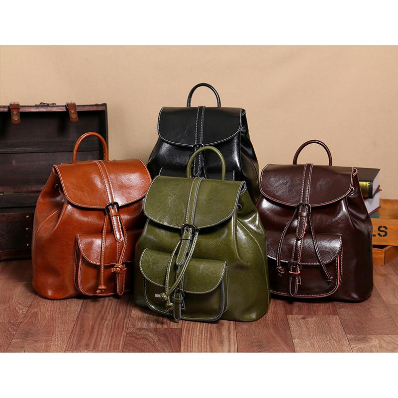 Genuine Waxed Leather Drawstring Women Backpacks Flap Ladies Travel Bag Stylish Korean Girl's School Bags