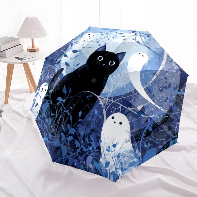 Night Cat  pattern, automatic folding umbrella, portable and foldable design, 8 ribs, a Christmas or birthday gift.