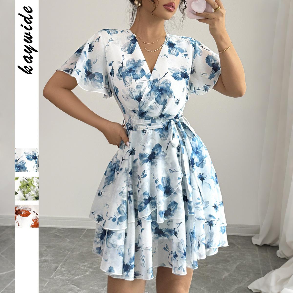 

Women s Floral Print V-Neck Short Sleeve Dress with Tie Waist and Layered Skirt S синій