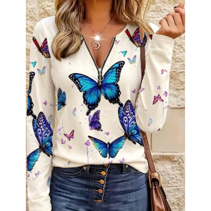 Women's Elegant Butterfly Print Round Neck Long Sleeve Top - Vibrant Digital Art Design