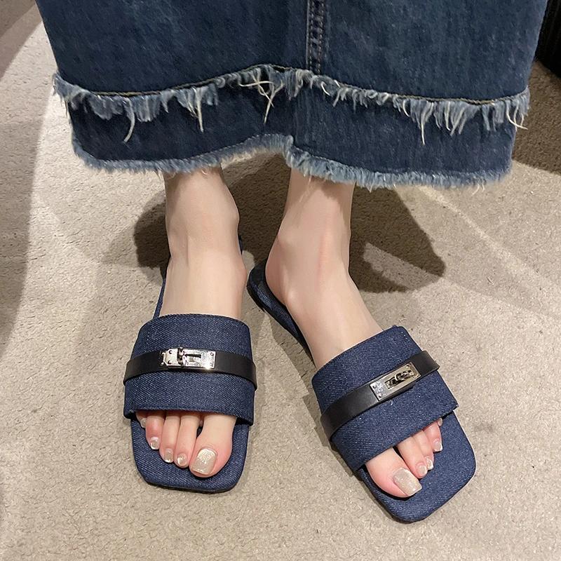 Women's Shoes  Fashion Peep Toe Women's Slipper  Metal Decoration Daily Slippers Women New Plus Size Flat Slippers