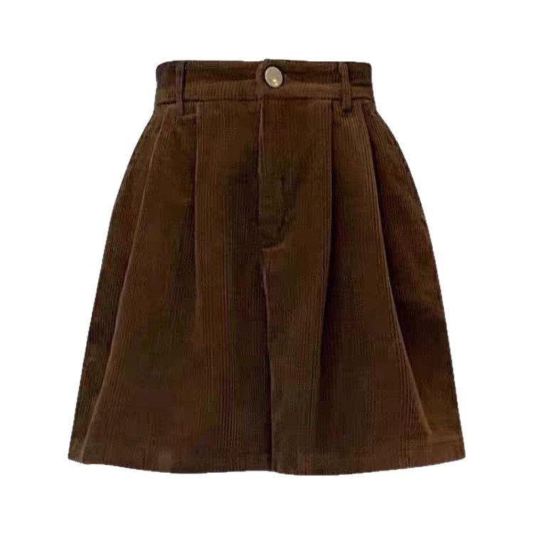 Women's A-Line Black-Coffee Corduroy Shorts with Sweatshirt, 2025 Spring/Autumn New Style, Casual Wide-Leg Design