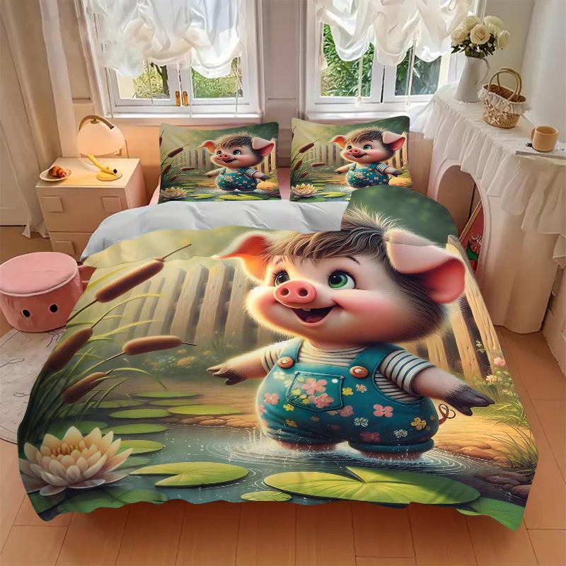 3pcs Anime Piggy Bedding Set - Includes One Quilt Cover and Two Pillowcases (No Core) - Home Decor, Festival Gift, Polyester Fabric, Cartoon
