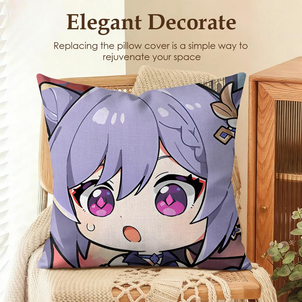 Keqing Cute Genshin Impact Cushion Cover Natural Linen Organic Fabric Double-Sided Printing Sofa Home Decor Gift Pillow Case