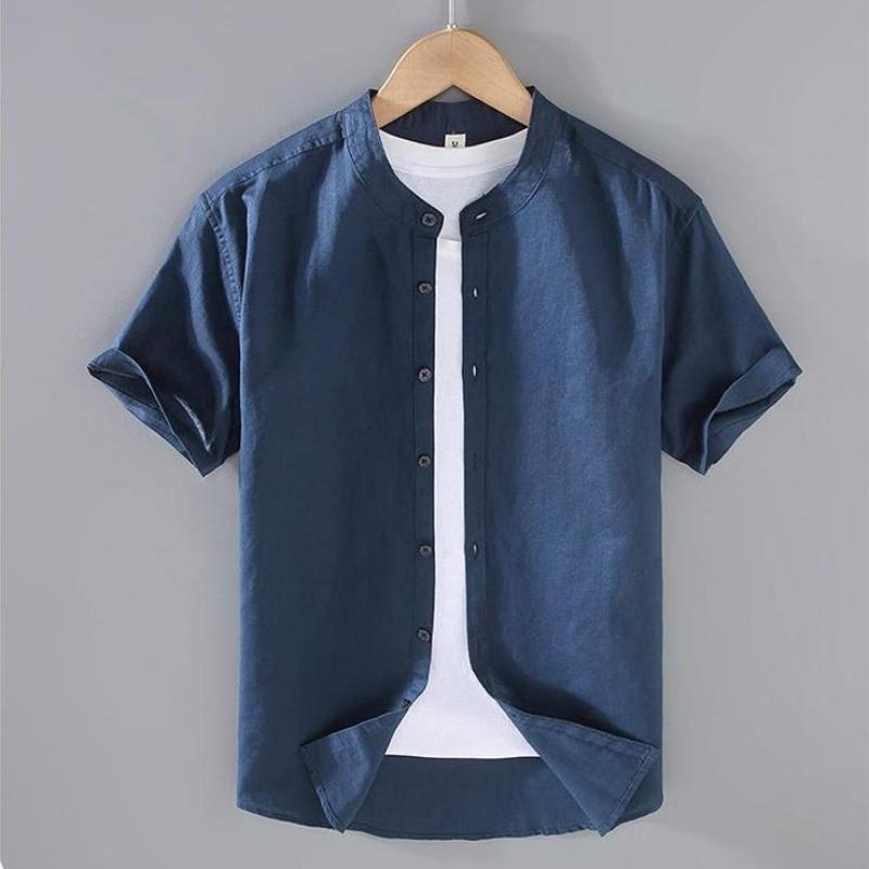 Cotton Linen Men's Short-Sleeved Shirts Summer Streetwear Plain Color Stand Collar Casual Beach Style Plus Size XS-3XL