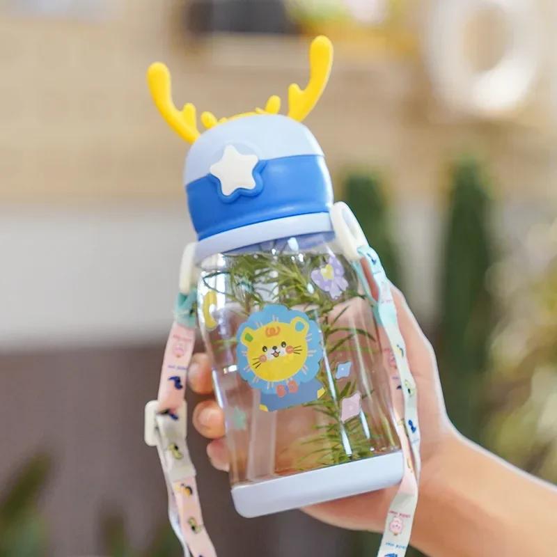 1PC 600ml Creative Kids Water Sippy Cup Antler Leakproof Cartoon  Water Bottles Baby Cups with Straws Outdoor Childrens Cup