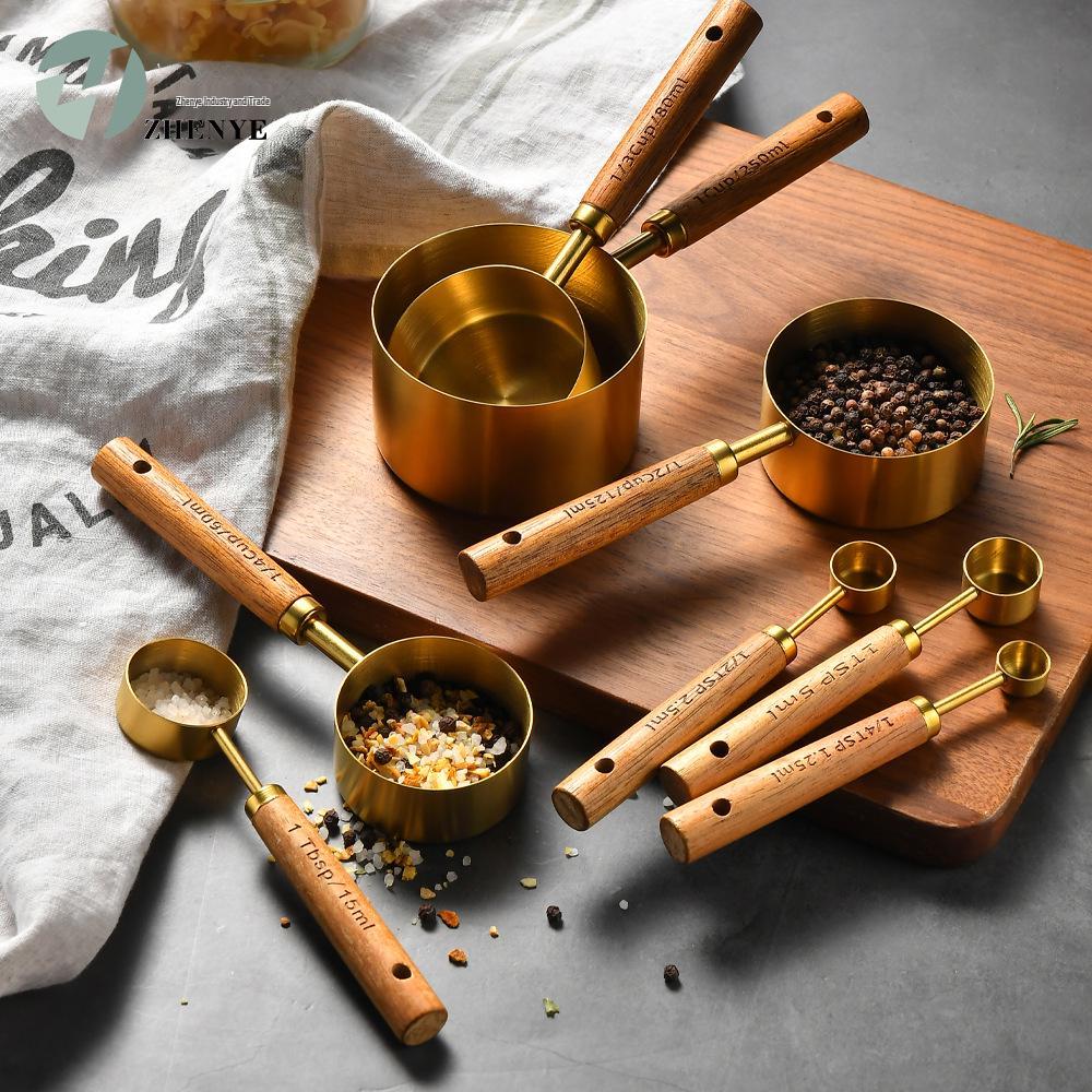 Gold-Plated Stainless Steel 8-Piece Measuring Cup and Spoon Set with Scales for Baking.