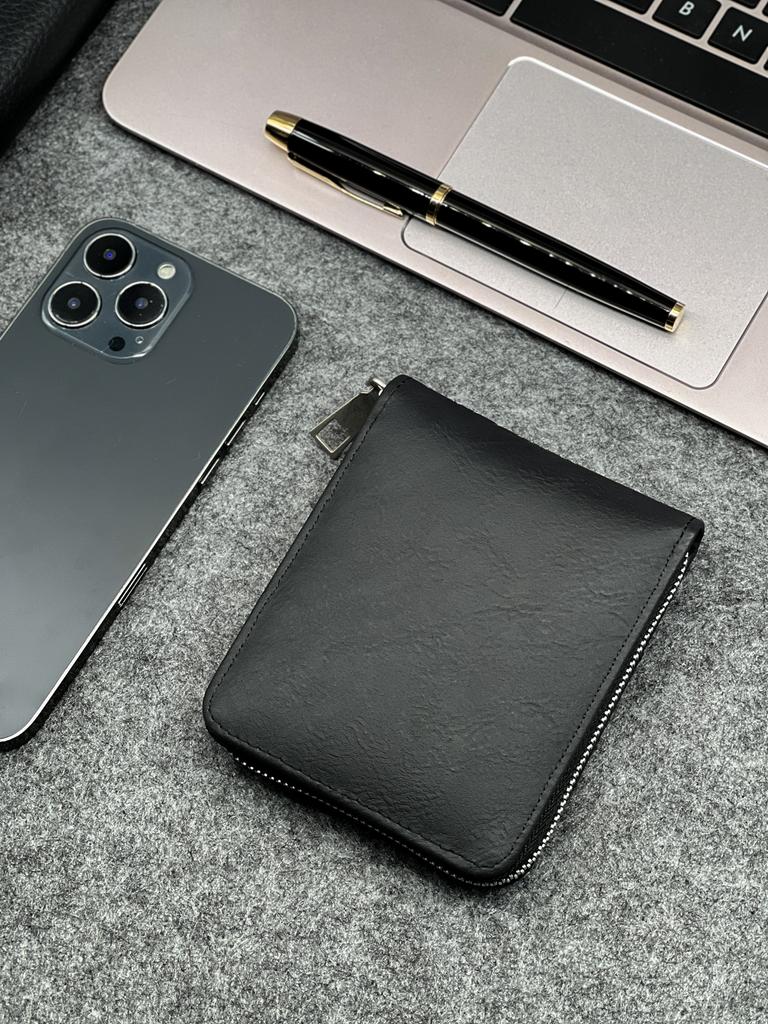 Zippered Slim Mens PU Wallet - Compact Size for Coins & Cards - Business Design