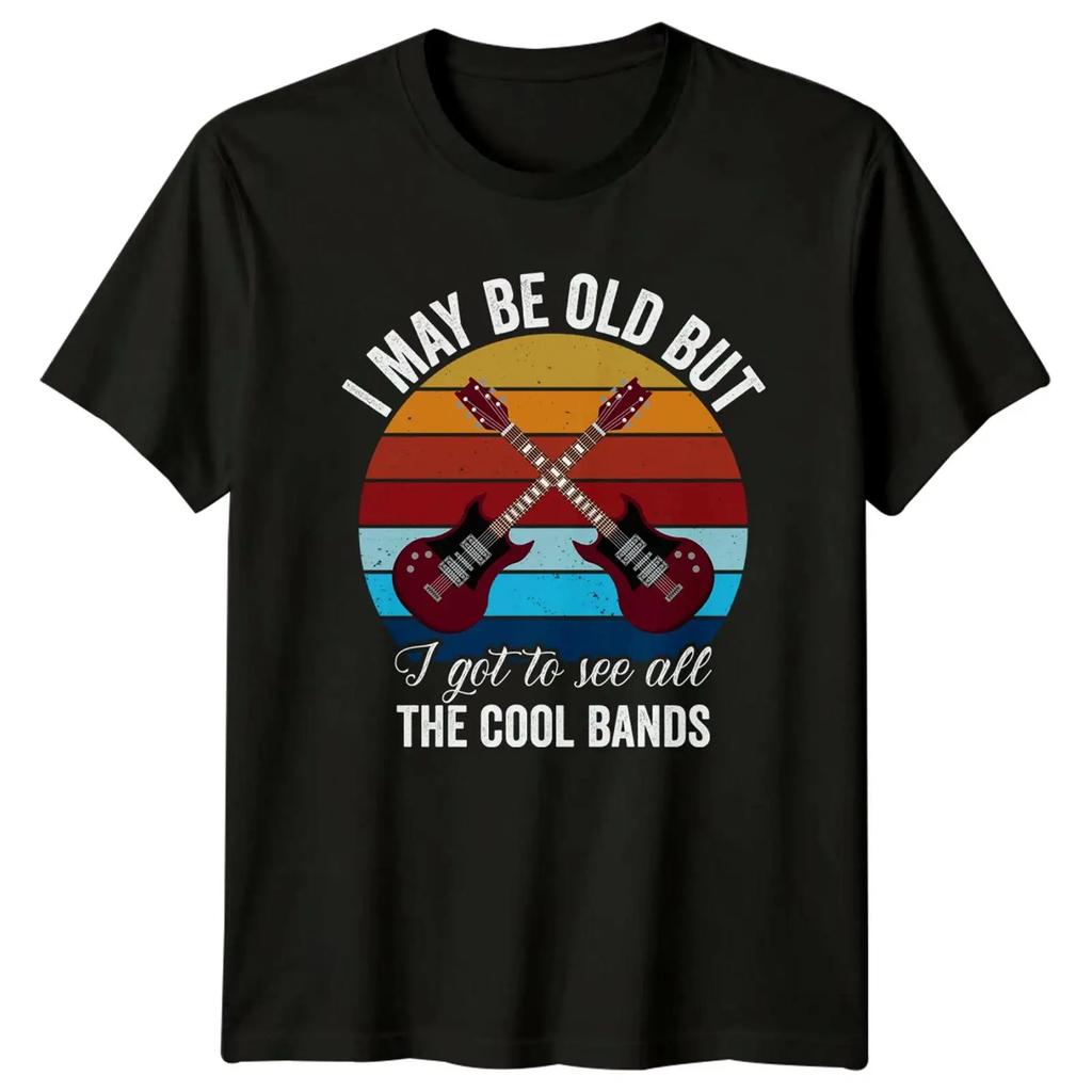T Shirt I May Be Old But Cool Bands Gitarre Retro Musikliebhaber vintage Washed homme Stylish Top For Everyday Wear Slightly