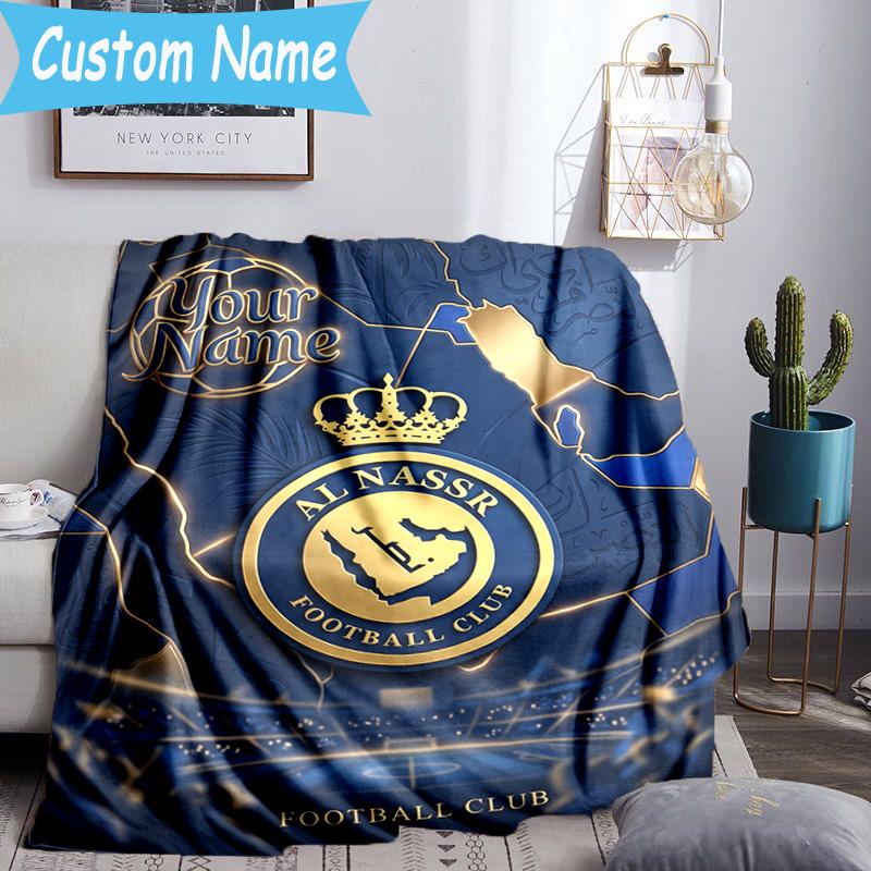 Custom Name Al Nassr Football Club Crest Flannel Blanket, Use for Birthday/Holiday Gift, Soft Blanket for Sofa/Bed/Camping/Office, Home Decor