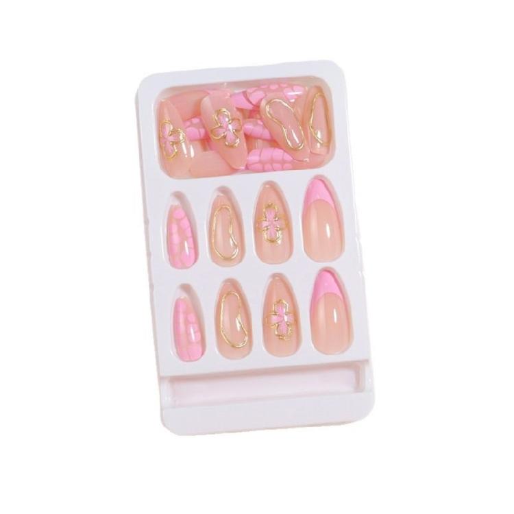 24 Pieces Almond Shape False Nail Medium Length Stick On Nail With Delicate 3D Floral Patterns Nail Art Decoration