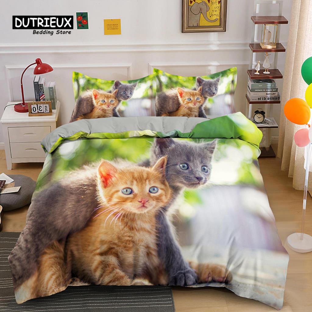 Colorful Cat Bedding Set For Kids Girls Boys 2/3pcs Cute Cat Duvet Cover Set King Microfiber Animal Comforter Cover Pillowcases