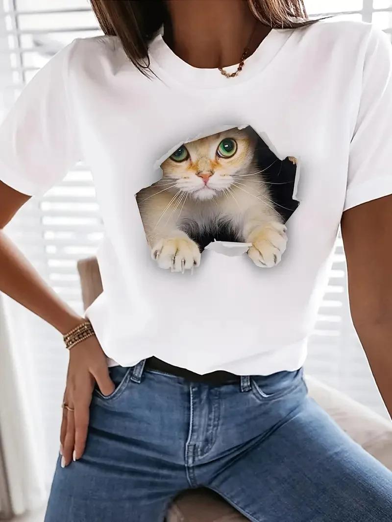 

Cute Cat Print Crew Neck TShirt Casual Short Sleeve TShirt for Spring Summer Womens Clothing Women Clothing Tops Harajuku S