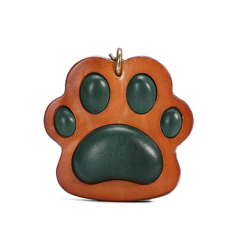 Vintage Cat Paw Keychain Handmade Genuine Leather Bag Charm, Cute Top Grain Cowhide Keyring Accessory