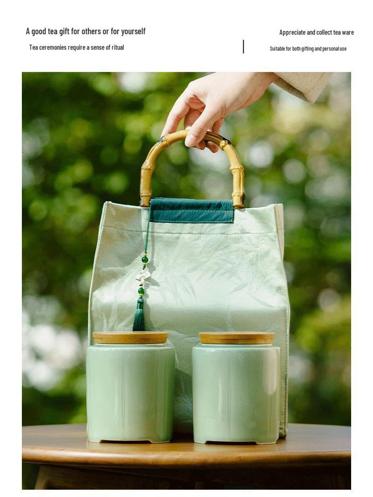 Creative Green Tea Ceramic Canister with Fresh Cloth Bag for Longjing, Maojian, Biluochun, Gyokuro - Empty Gift Packaging Box.