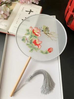 Chinese Traditional Art Embroidery Wooden Hand Fan, Classical, Ancient Dance Costume, Han Fu Cheongsam with Long Handle, Tasse