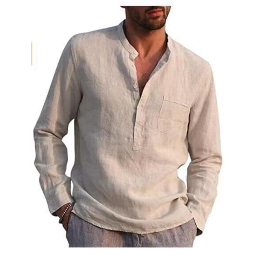 Heren Casual Strandlinnen Shirt met Lange Mouwen en V-hals
