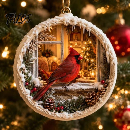 Charming Holiday Tree Accents 2 Pcs Red Bird Christmas Ornaments, 2D Round Acrylic Snowy Scene Classic Keepsake Ornaments Xmas Hanging Decoration for