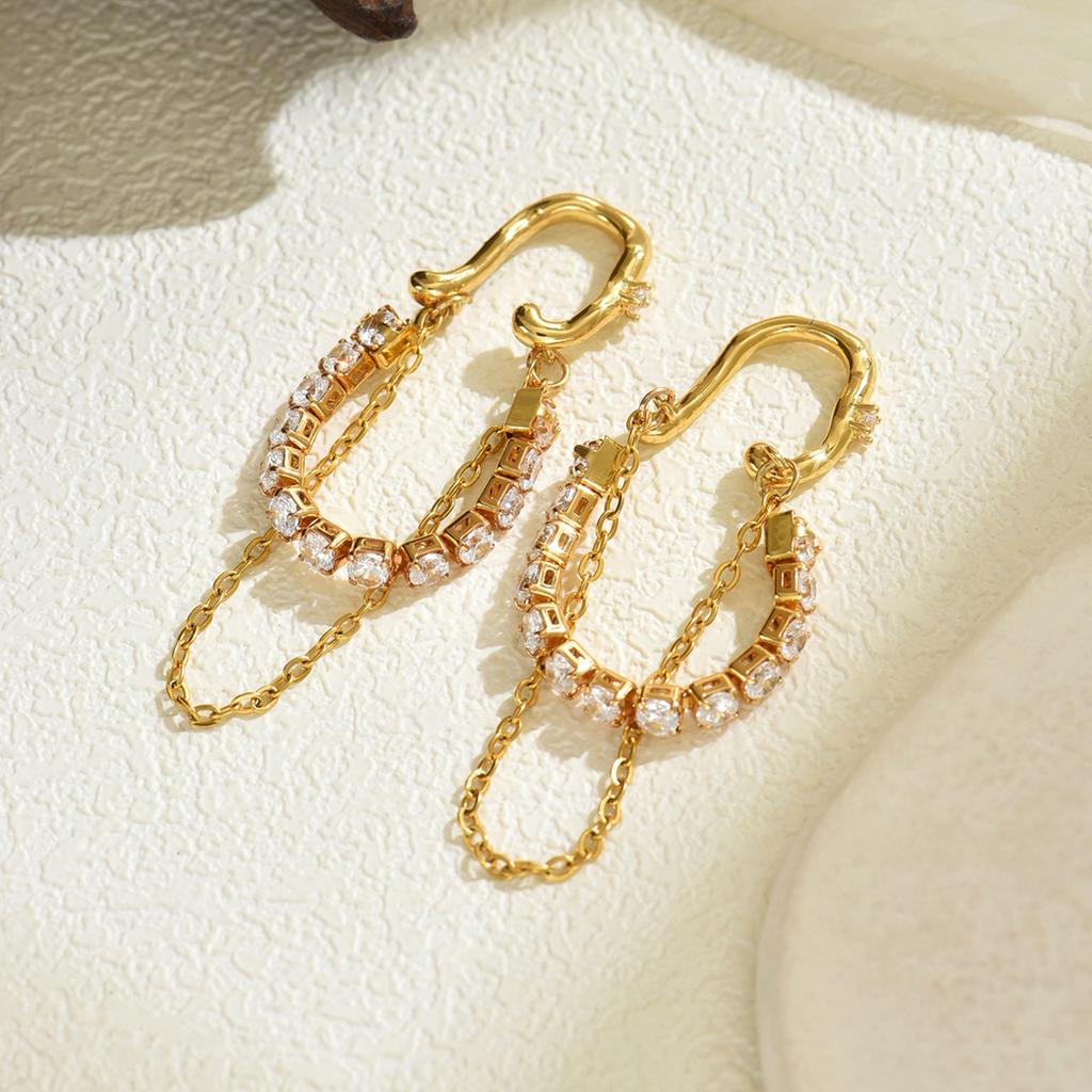 Fashion Double-layer Zircon Tassel Chain Cartilage Clip Earrings Women Gold Plated No Piercing Ear Cuff Luxury Wedding Jewelry
