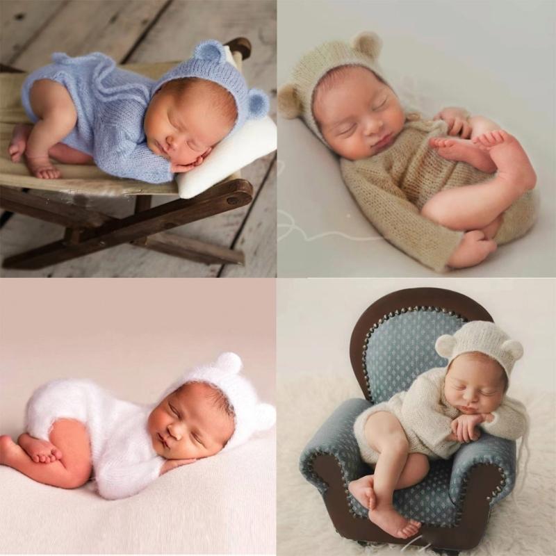 Infant Photography Outfit Bear Themed Soft Plush Set Baby Romper with Hat set Baby Dress Up set for Memorable Pictures
