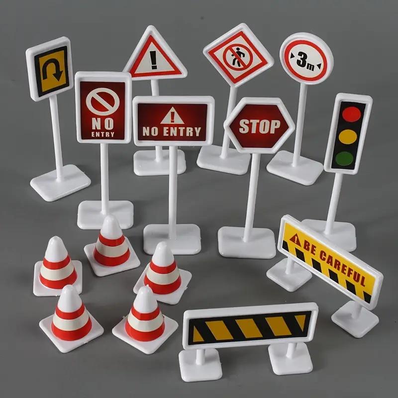 15Pcs Traffic Sign Model Standees, Mini Intersection Light & Barrier Ornaments