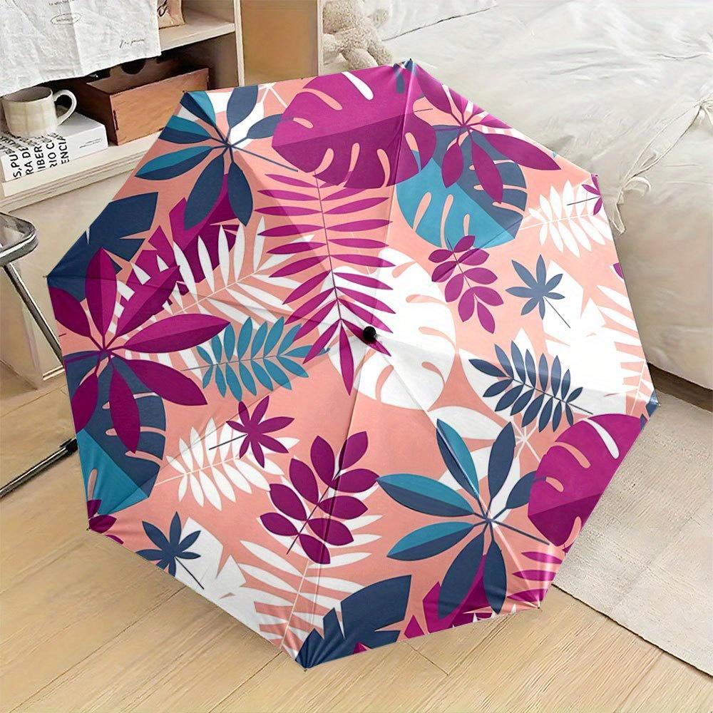 

Automatic Open/Close Folding Umbrella with Tropical Monstera, Palm & Philodendron Leaves - Compact Travel Umbrella, Purple/Blu (as the picture,iron&8K)