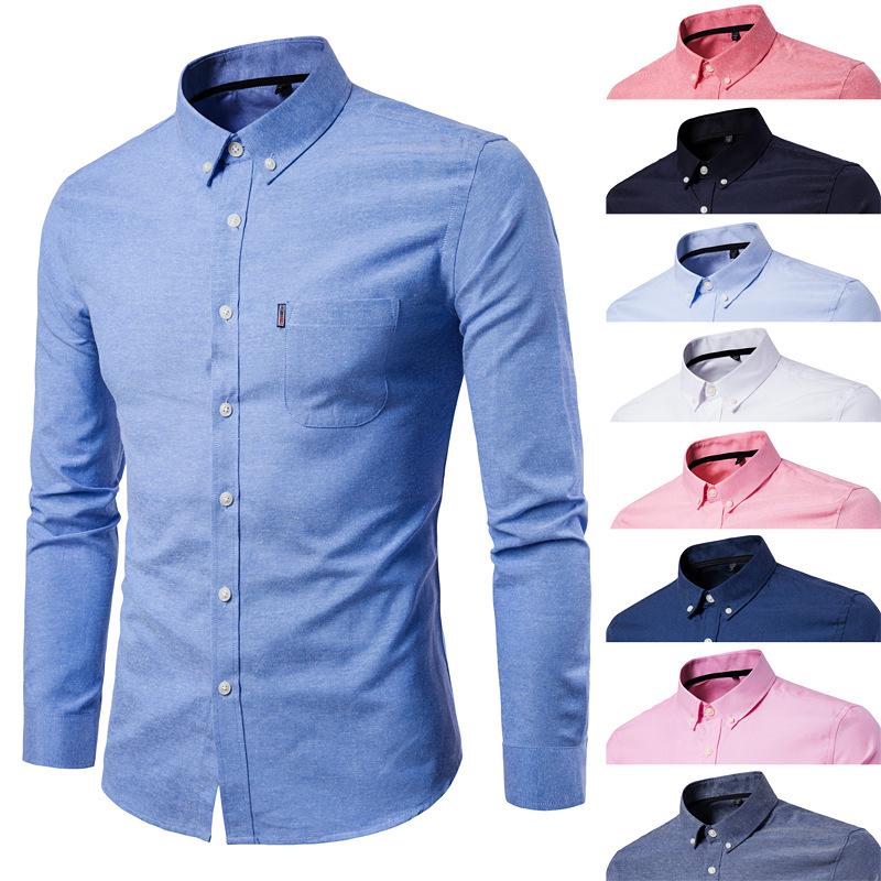 Autunno Nuovo Camicia da Uomo Oxford Filato Slim Fit Tinta Unita Camicia da Uomo Camicia a Maniche Lunghe da Uomo