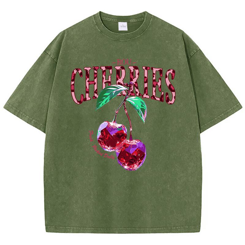 

Crystal Cherries Washed TShirts Women Cotton Tees Fruit Letter Print Tops Oversize Distressed Short Sleeve Summer Woman Clothes S
