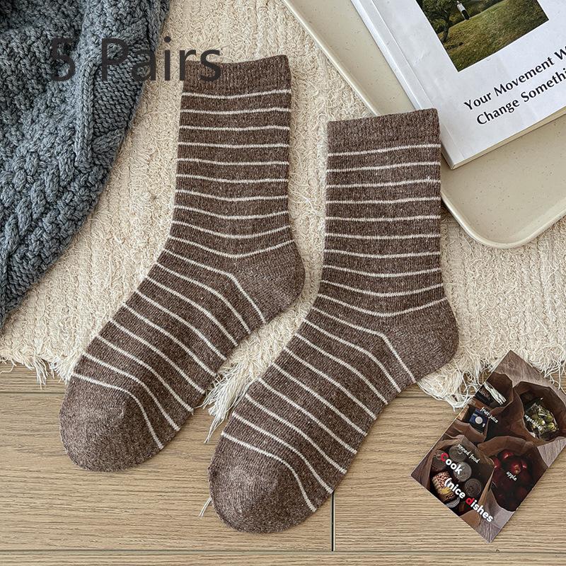 5 Pairs of Female Autumn and Winter Color Stripes In The Tube Warm Pile Socks