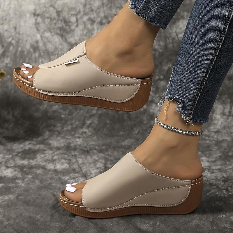 Fashion Lightweight Peep Toe Wedges Slippers Women Summer Platform Thick Sole Sandals Woman Plus Size Pu Leather Slides Shoes Mujer 43