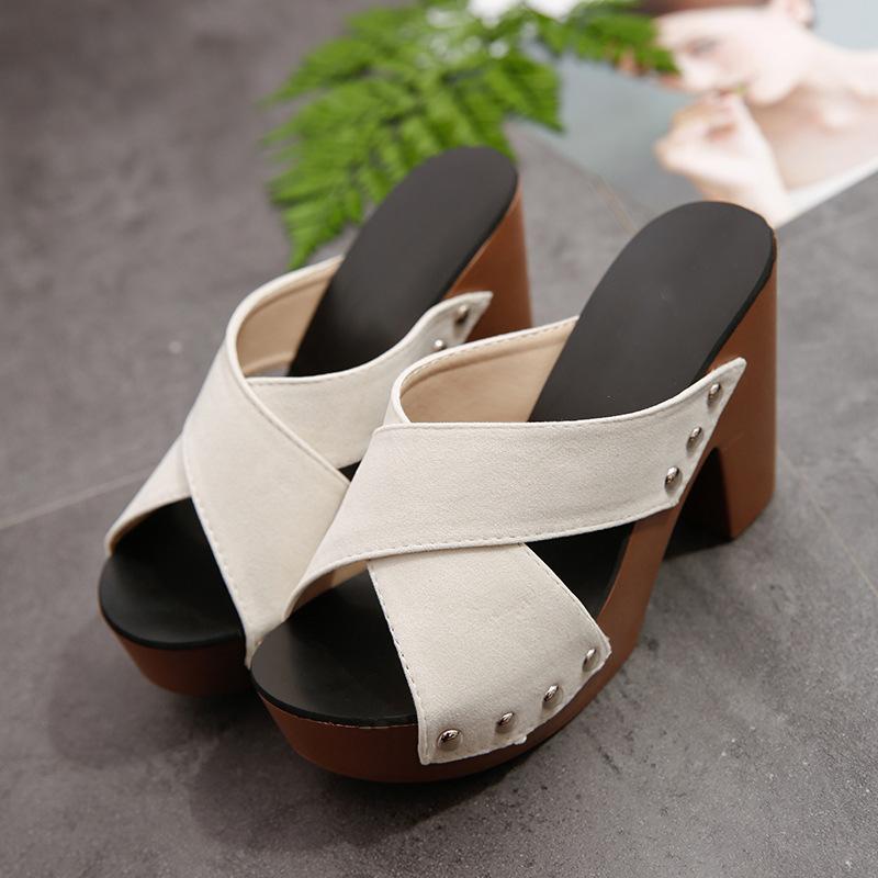 

new Korean version open-toed thick-soled sandals thick-heeled waterproof table slippers women s cross-strap high-heeled large-size women s shoes 35 білий