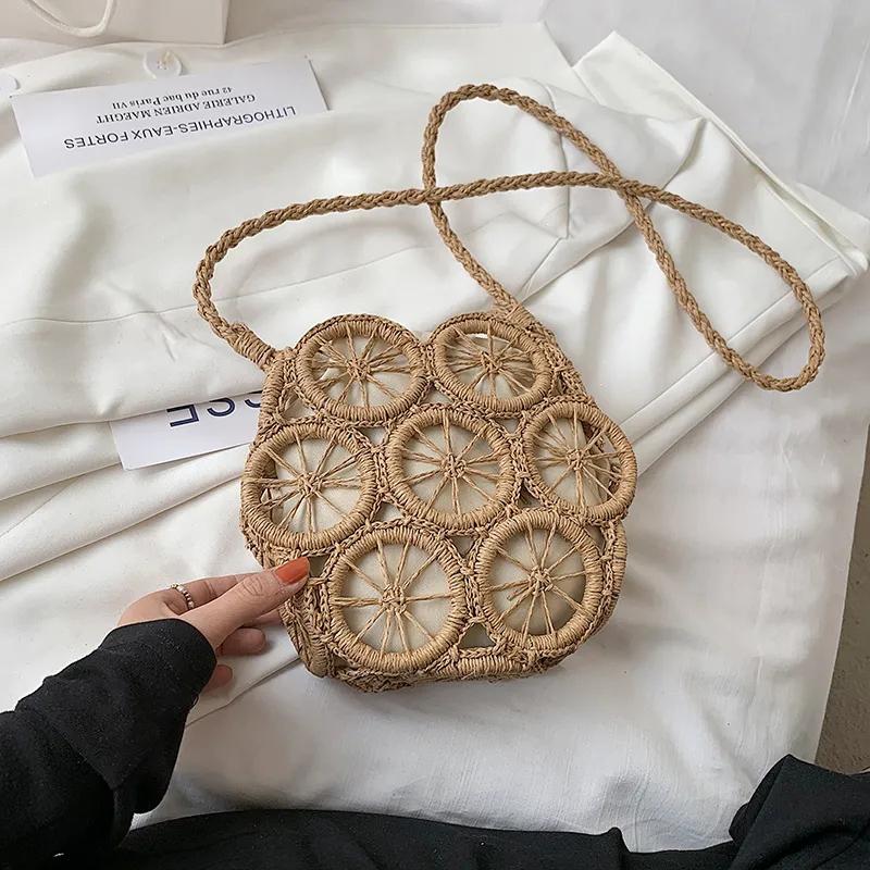Yogodlns Handmade Summer Beach Women Straw Shoulder Bag Ladies Round Hollow Travel Daily Woven Handbag Holiday Knit Cotton Linen