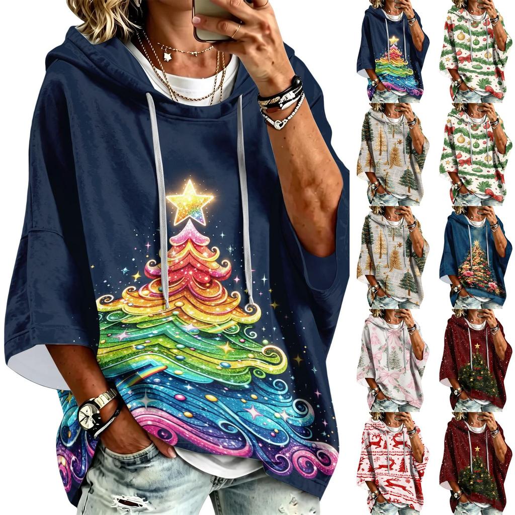 Women's Fashion Christmas Print Hooded Pullover Top, 3/4 Sleeve Casual Tunic